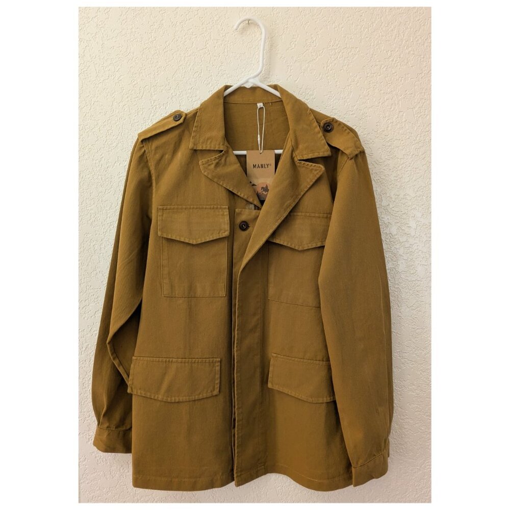NWT Mustard Cotton Linen Military Field Jacket Rugged Gorpcore Utility Coat S